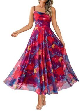 Women's Floral Maxi Dress Sleeveless Cowl Neck A-Line Elegant Wedding Guest